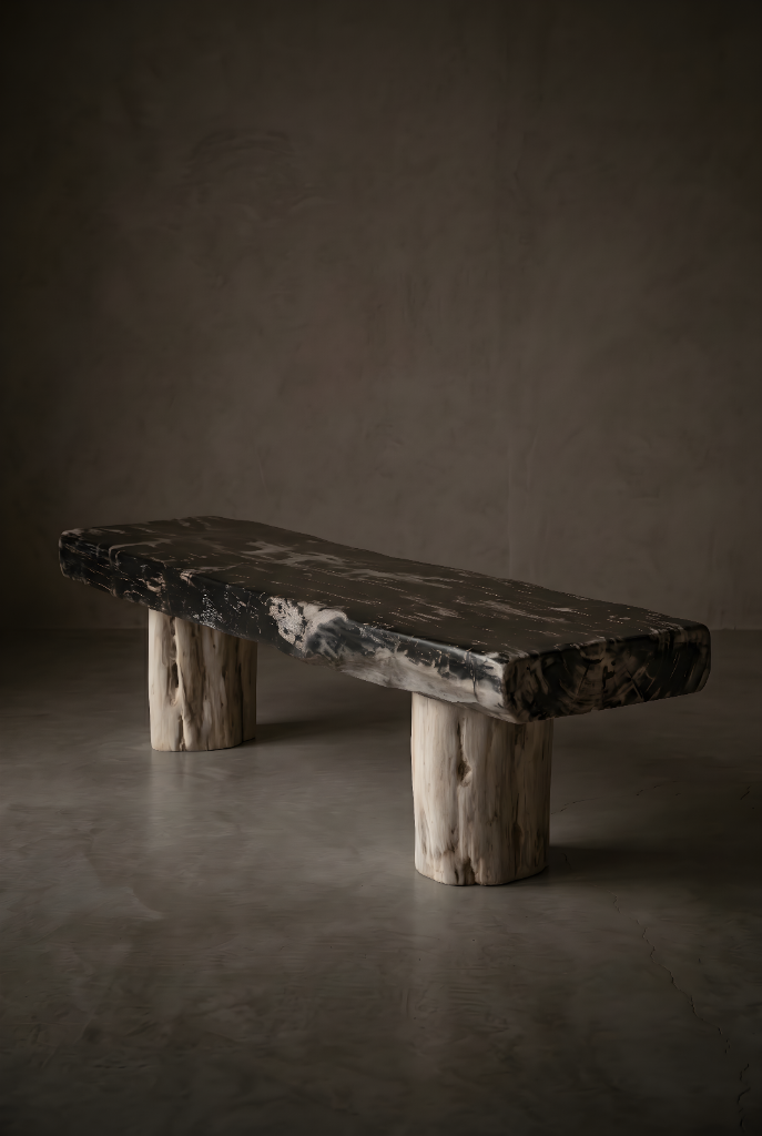 Long slender fossil beam bench on stump legs