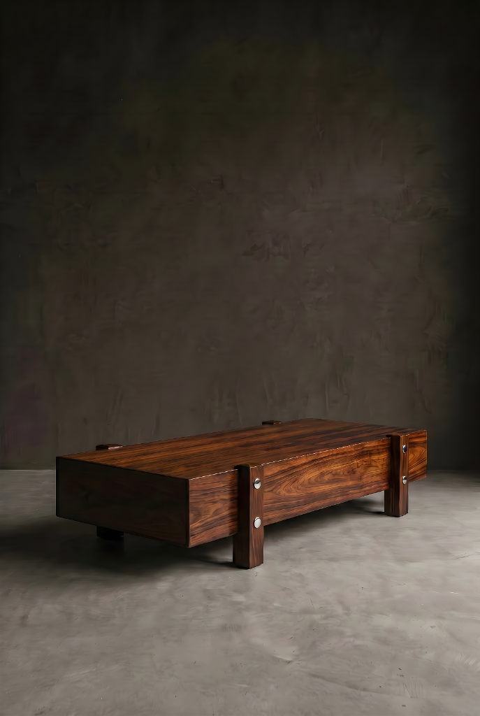 Eleh Bench by José Zanine Caldas, dark hardwood, metal bolt accents