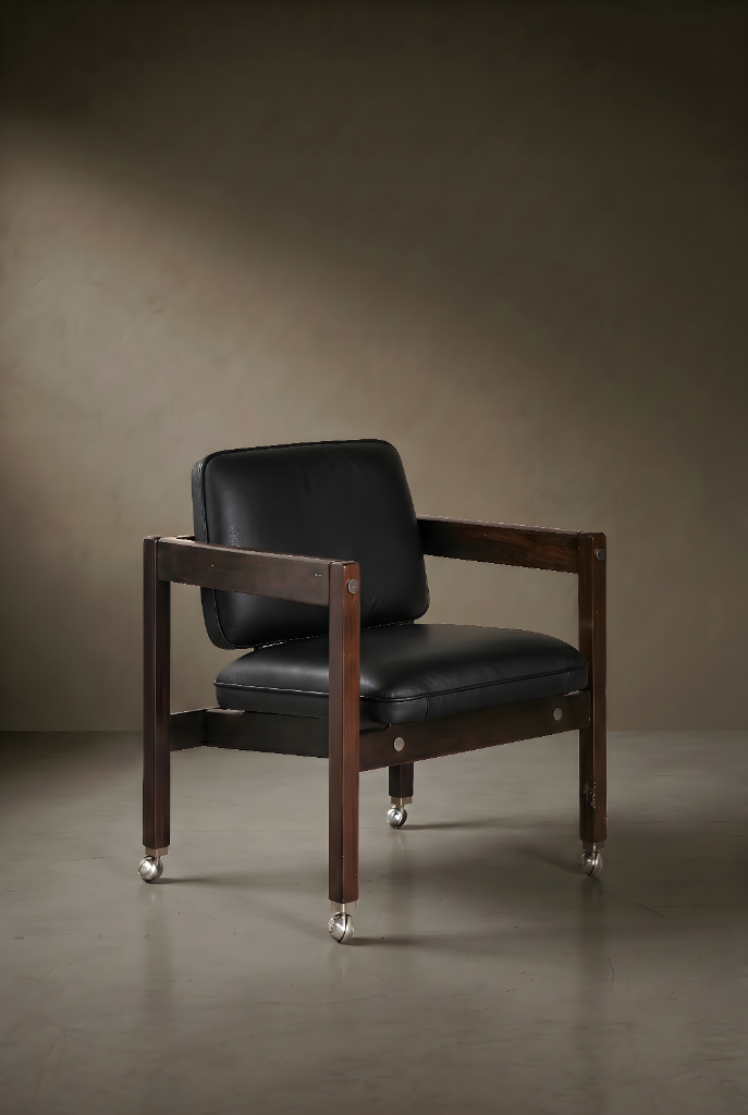 Kiko Armchair Black Leather by Sérgio Rodrigues, rosewood frame, black leather, casters