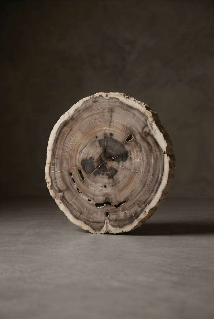 Small upright petrified wood disc in grey and bone tones