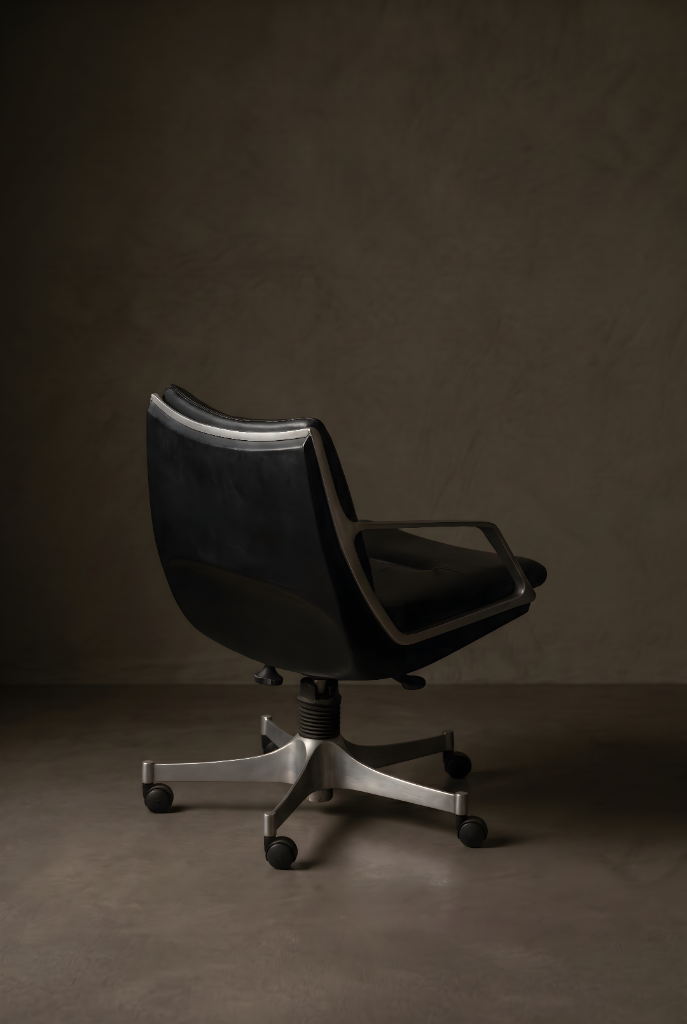 Executive Swivel Chair Black Leather by Jorge Zalszupin, fibreglass shell, cast aluminium, black leather