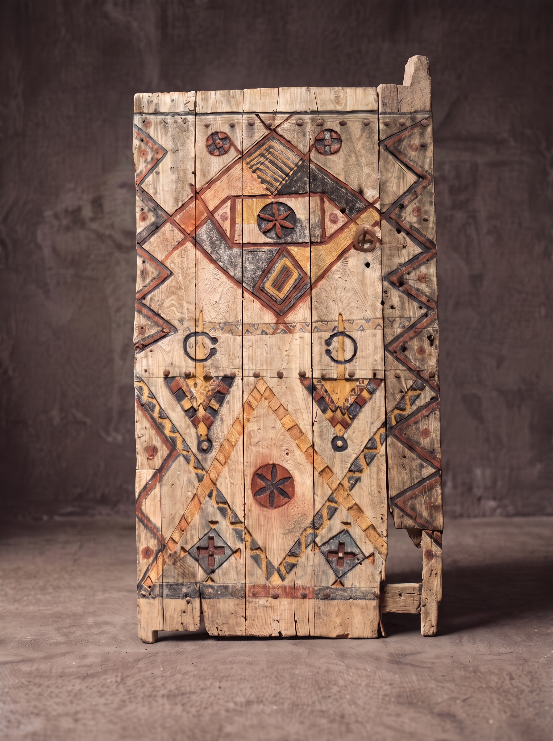 Berber painted cedar wood door with geometric polychrome motifs