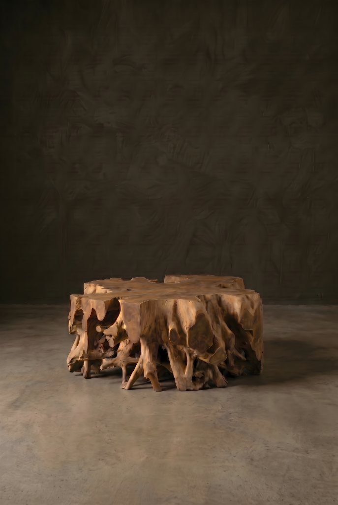 Root coffee table with an organic sculptural teak root structure