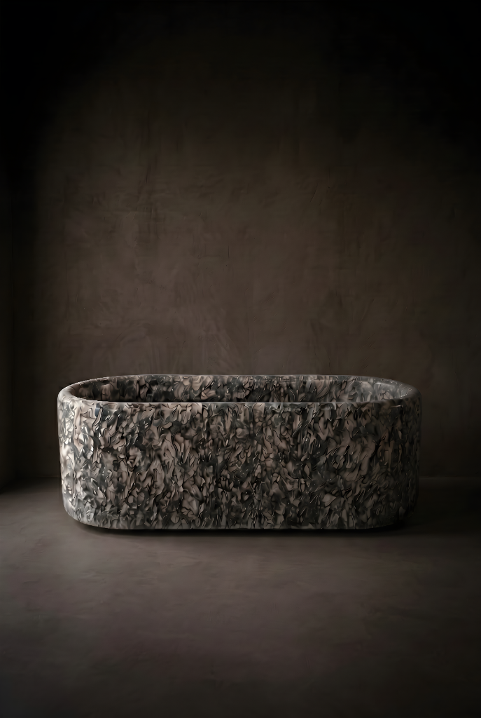 Dark onyx bathtub with grey and ink marbling