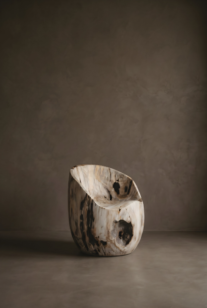 Sculptural petrified wood tub chair with dramatic black and white marbled grain