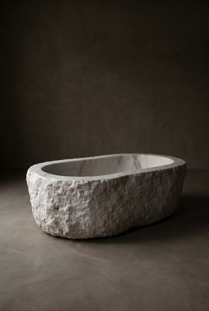 Carved stone bathtub with rough exterior and polished interior