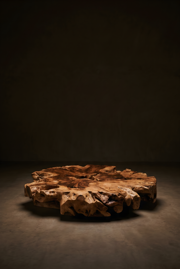 Low round root disc table with intricate organic root structure surface