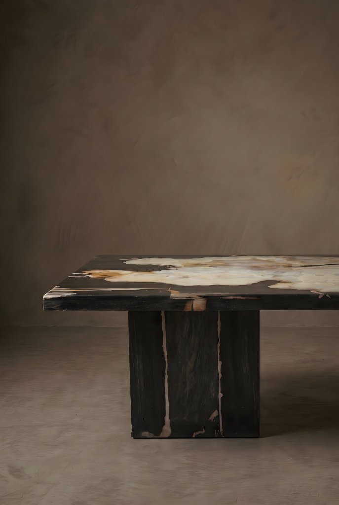 Petrified wood cocktail table with black fossil grain and bone-white heart on solid stone feet