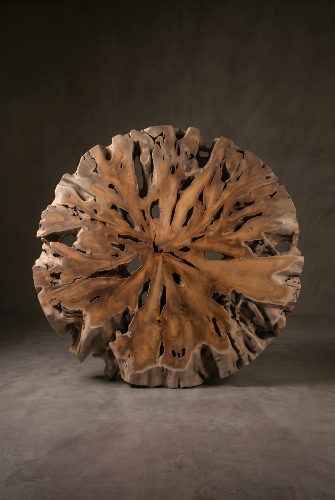Large root cross-section disc sculpture with open voids and organic form