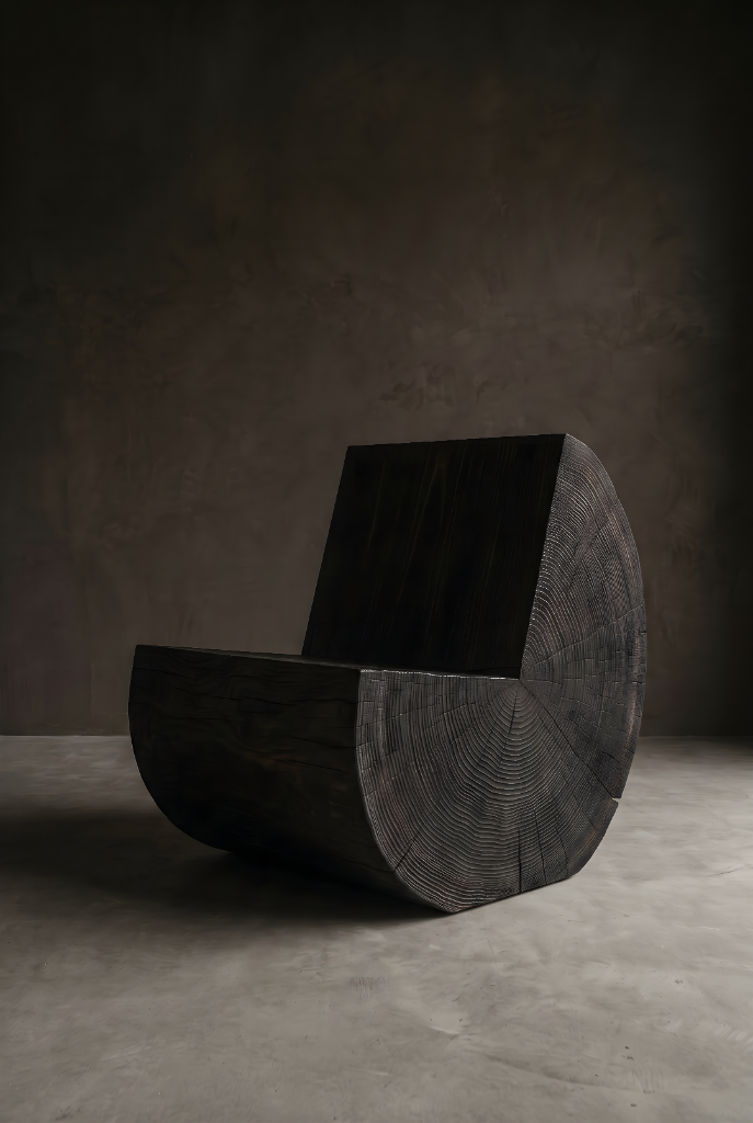 Chair carved from a single solid wood log with visible growth ring cross-section