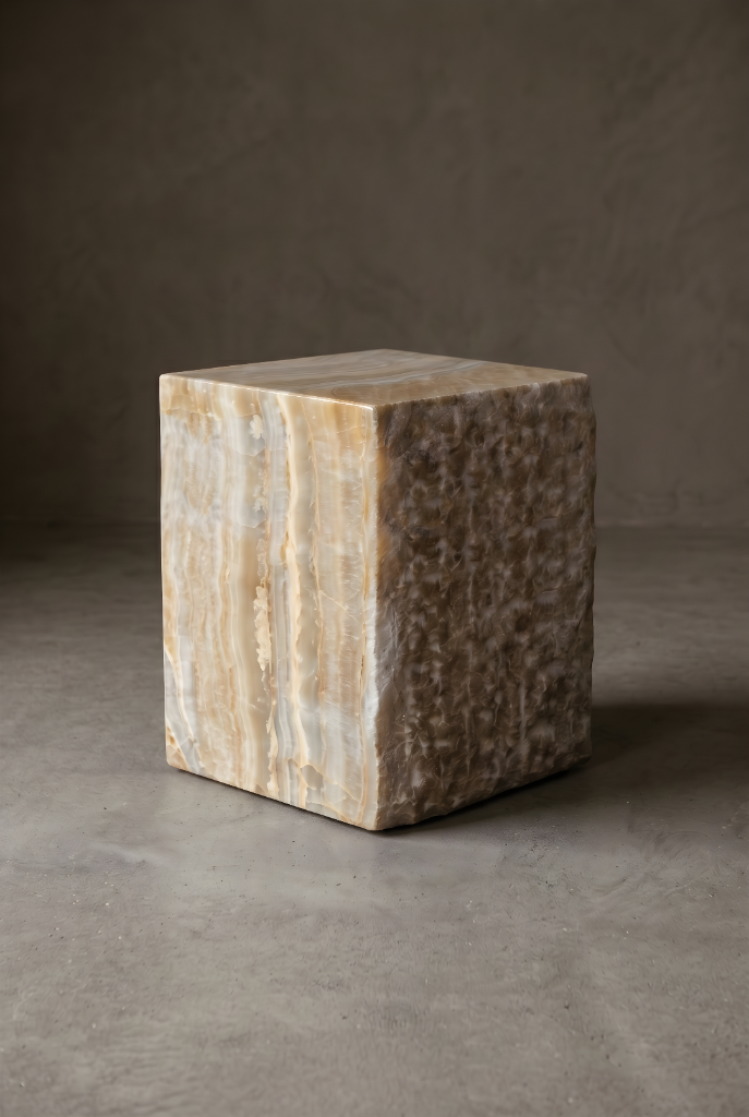 Upright banded onyx block pedestal in warm and grey tones