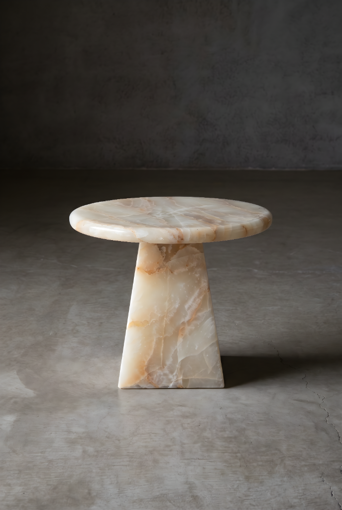 Small round onyx pedestal side table on a tapered foot