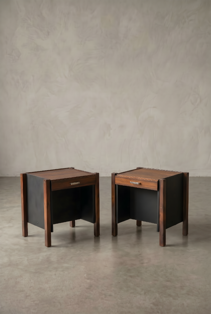 Rosewood Nightstands Pair by Jorge Zalszupin, rosewood, black-lacquered panels, metal pull