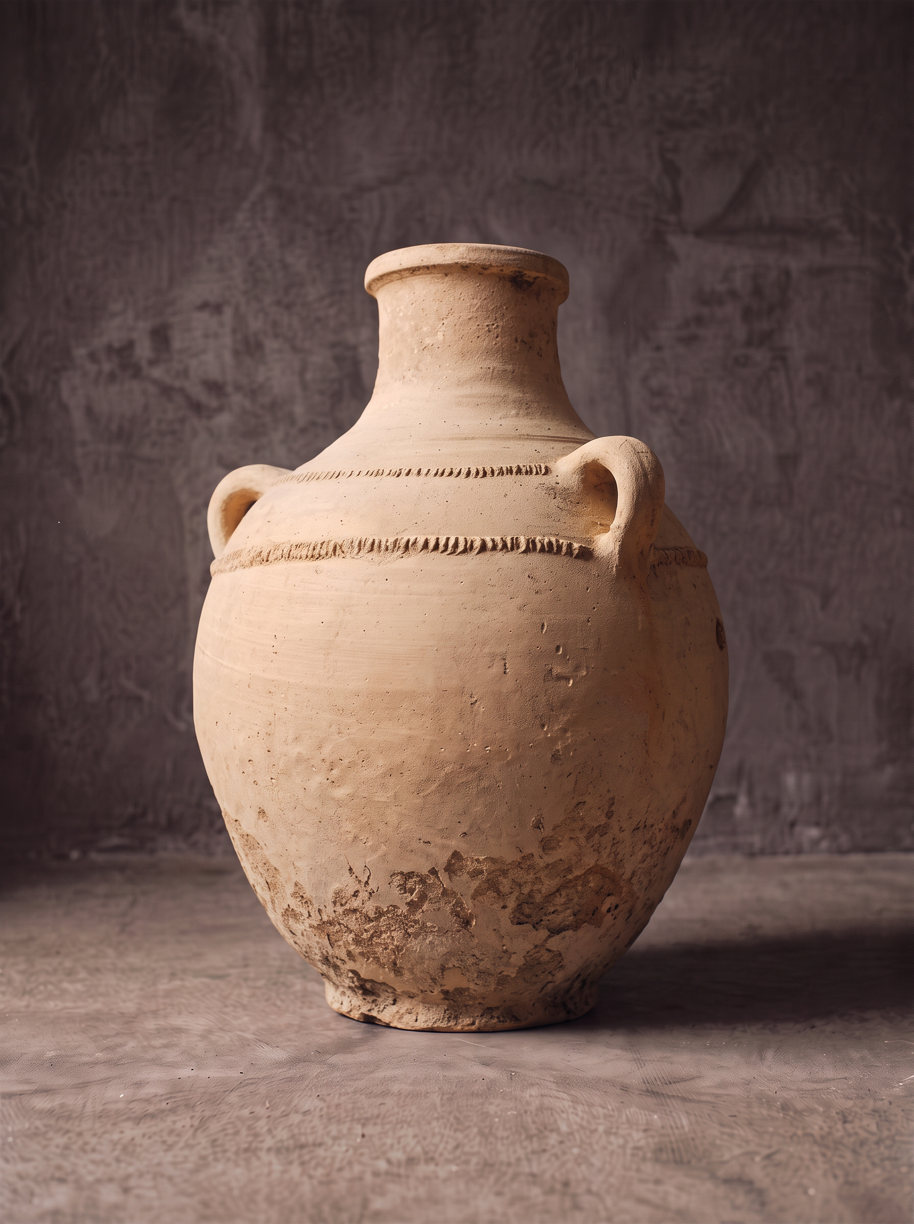 Round hand-thrown terracotta water jar with incised rope band and two small handles