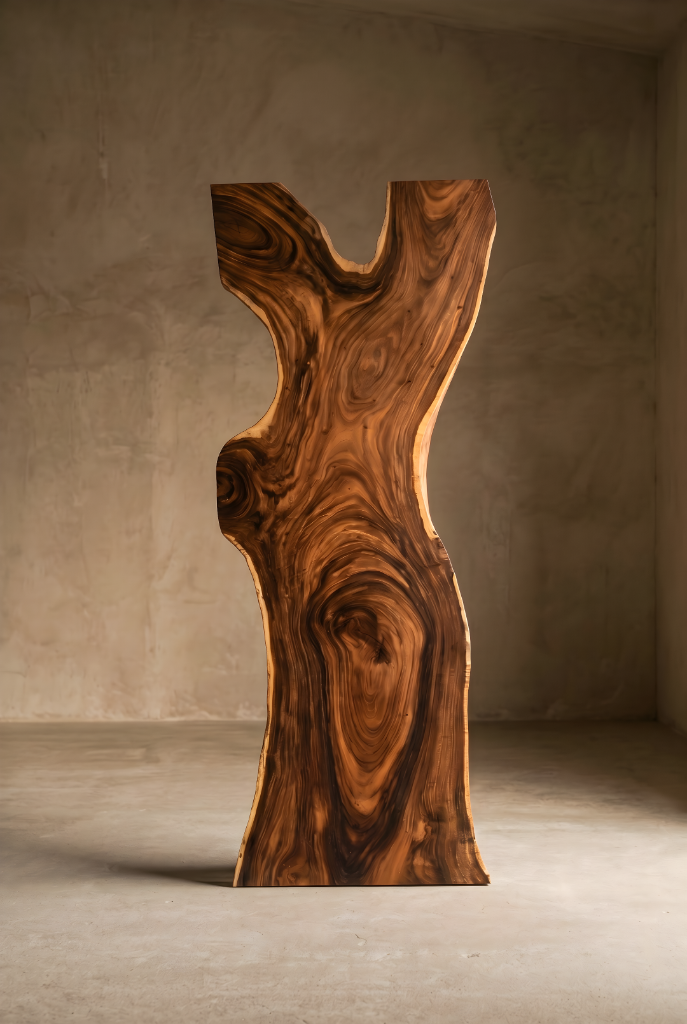Freestanding figured solid wood totem sculpture with swirling grain.
