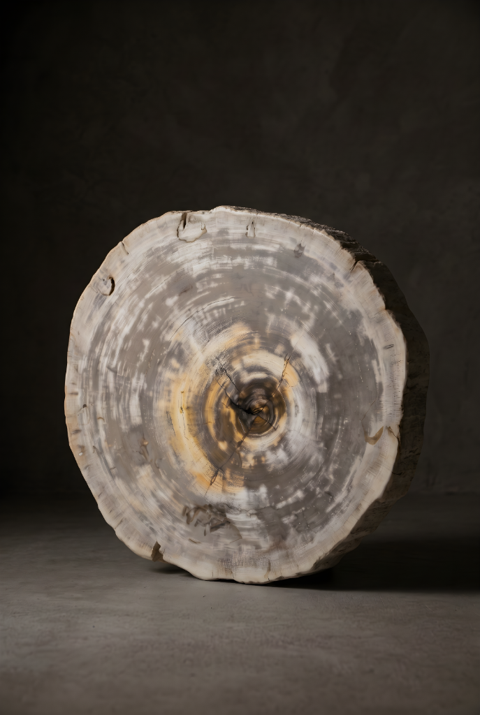 Upright pale petrified wood disc with concentric rings