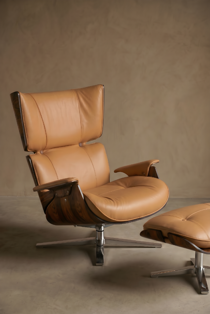 Paulistana Lounge and Ottoman by Giuseppe Scapinelli, wood veneer shell, tan leather, metal base