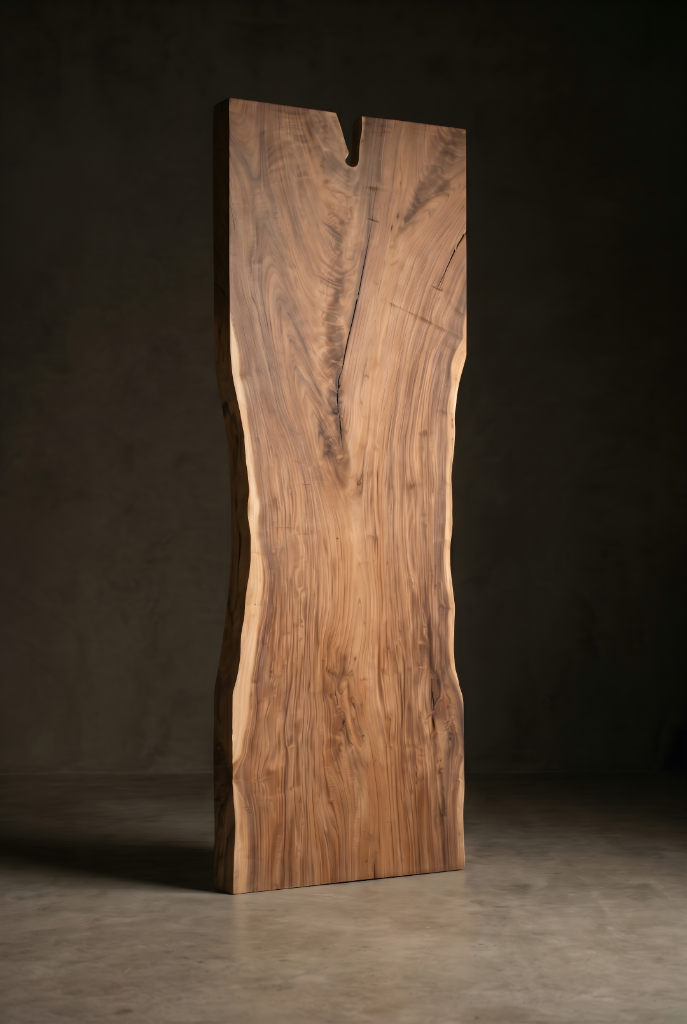 Tall freestanding live-edge solid wood slab with vertical grain