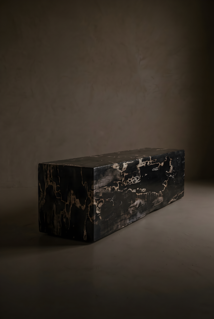 Long low petrified wood log bench with raw fossil grain