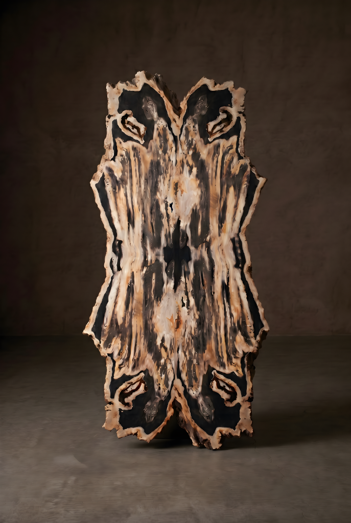 Petrified wood panel with amber and black fossil grain