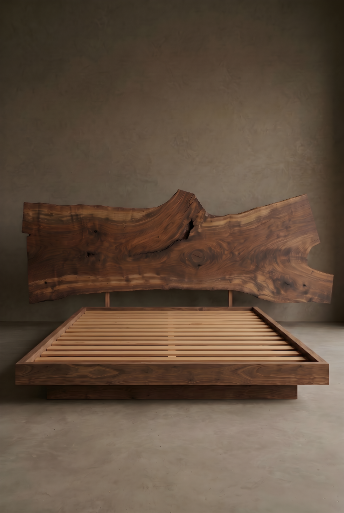 Platform bed with a monumental live-edge solid wood headboard