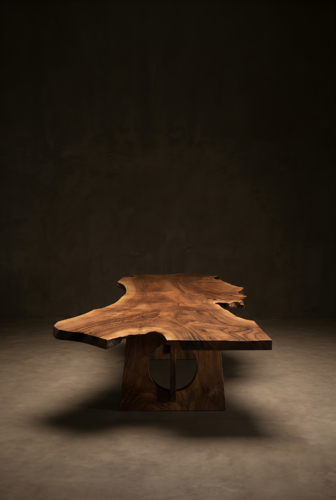 Monumental live-edge solid wood dining table with sculpted solid base