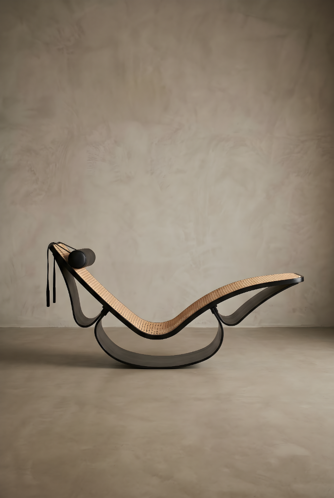 Rio Rocking Chaise by Oscar Niemeyer, bentwood, cane, leather headrest