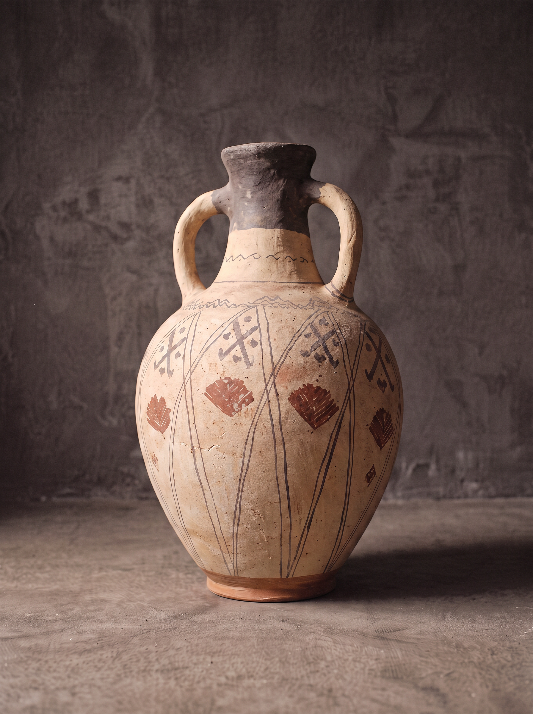 Hand-painted terracotta water jar with Berber geometric cross and fan motifs, smoked neck