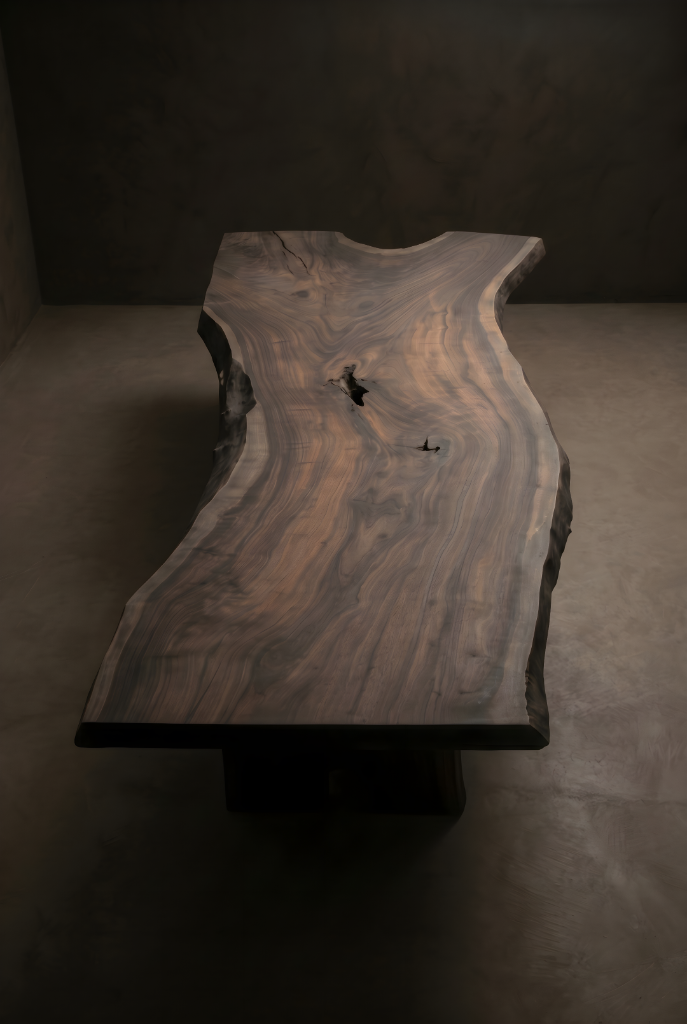 Live-edge solid wood coffee table with sweeping grain on sculpted timber base