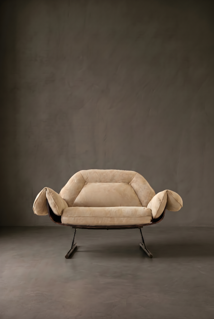 Lounge Armchair Curved Shell by Jorge Zalszupin, upholstered curved shell, metal legs