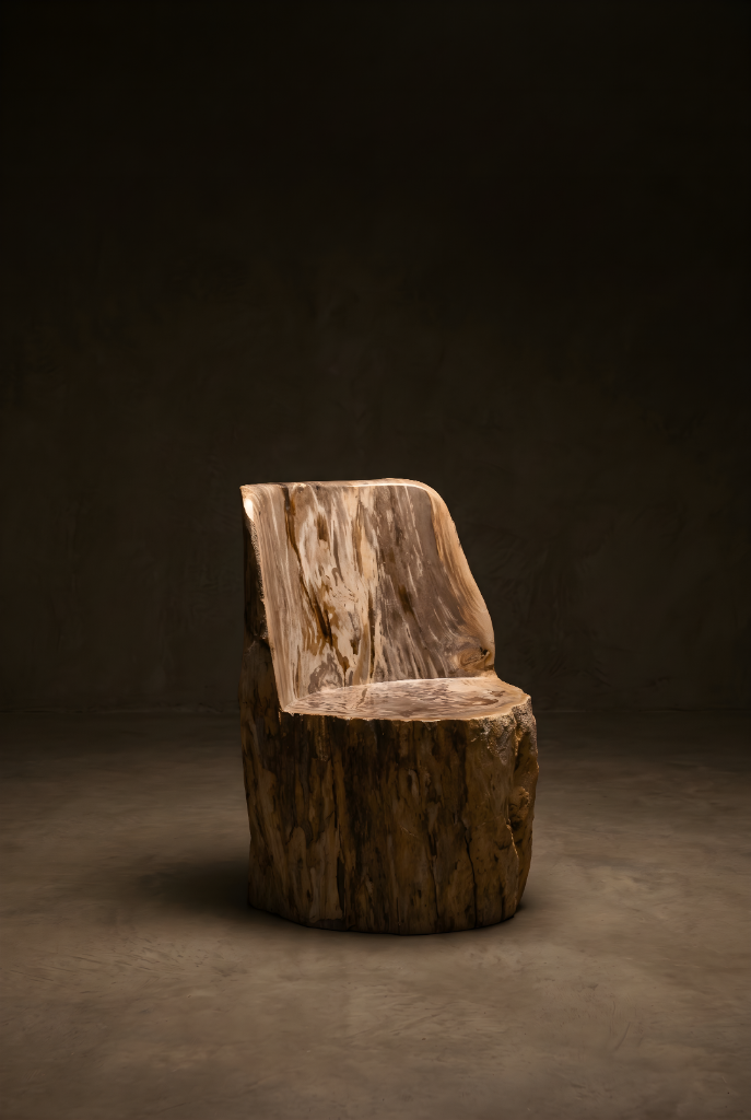 Chair carved from a single petrified wood trunk against dark plaster