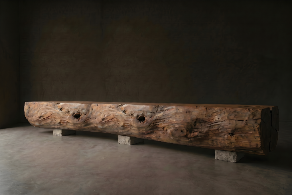 Very long monumental timber bench with burl grain on stone block supports