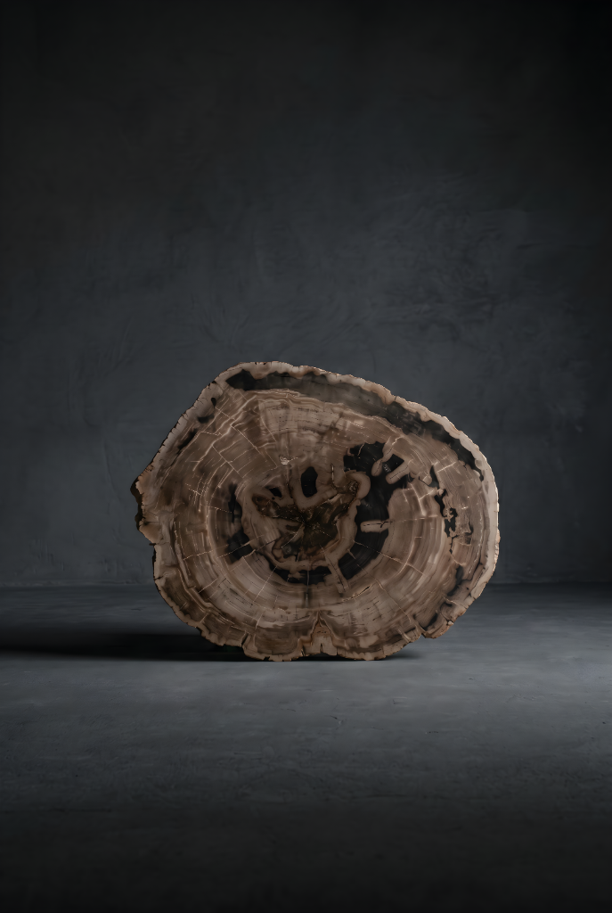Petrified wood cross-section disc showing growth rings in stone