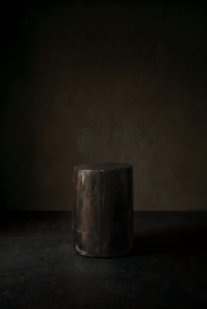Dark cylindrical petrified wood column stool with subtle vertical grain