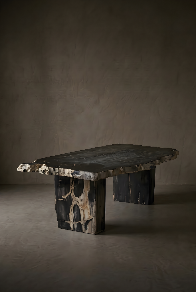 Long dark petrified slab console on block legs