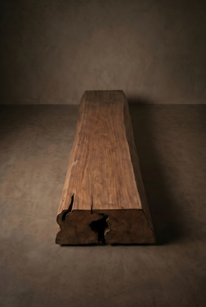 Long bench carved from a single solid wood beam with visible splits