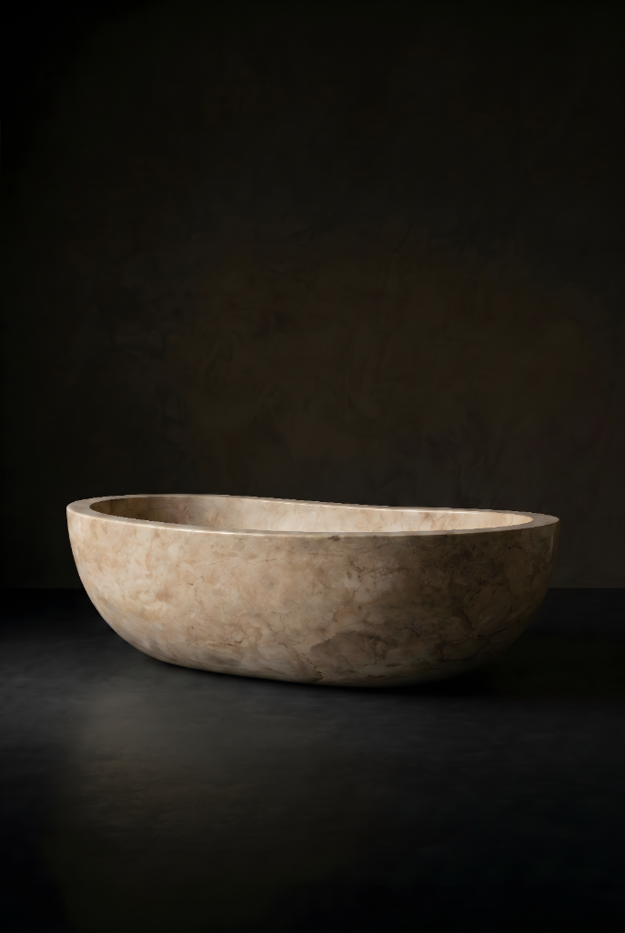 Oval onyx bathtub carved from a single stone block