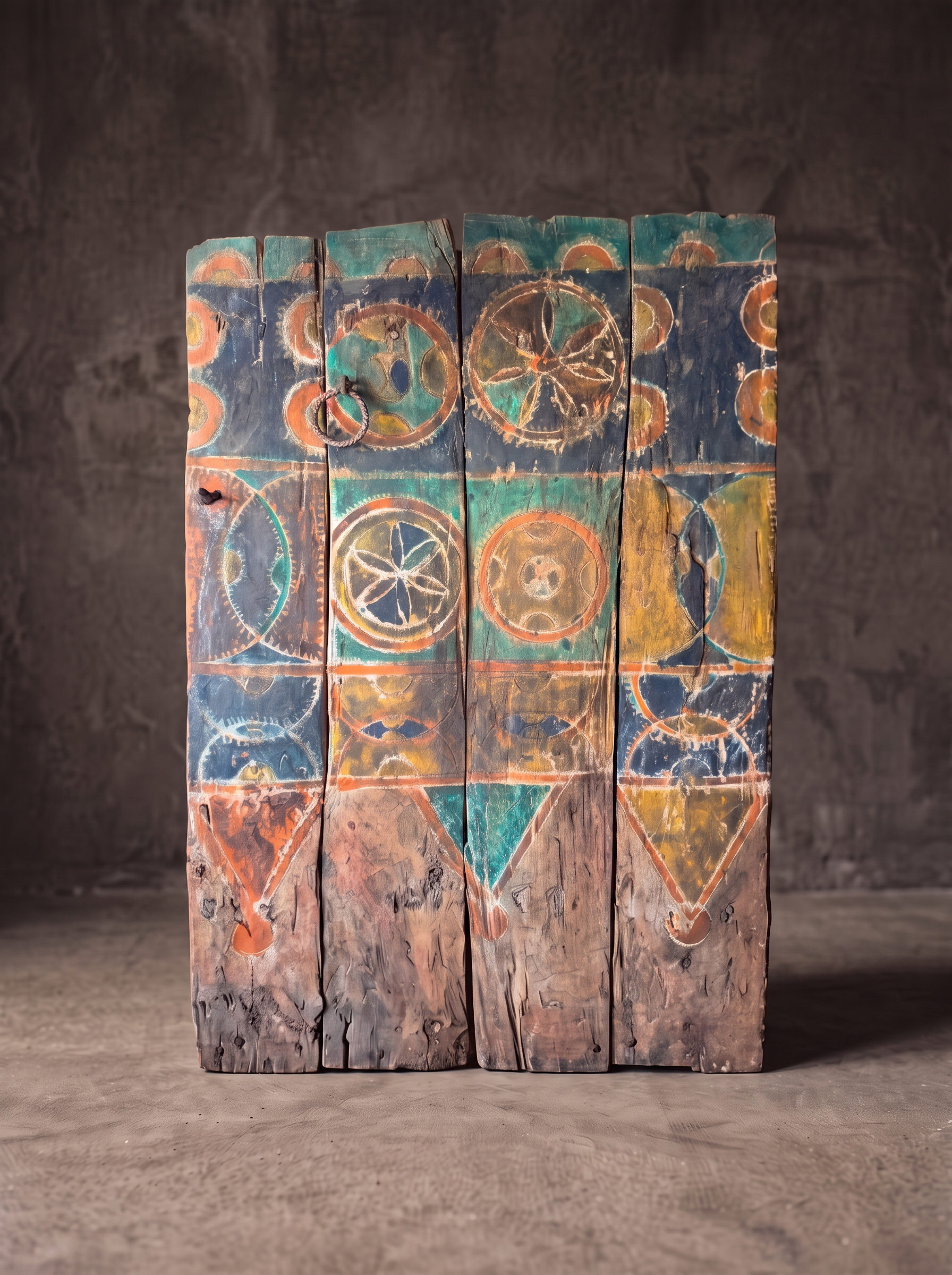 Polychrome painted cedar wood panel with circles and geometric Berber motifs in blue, orange and teal