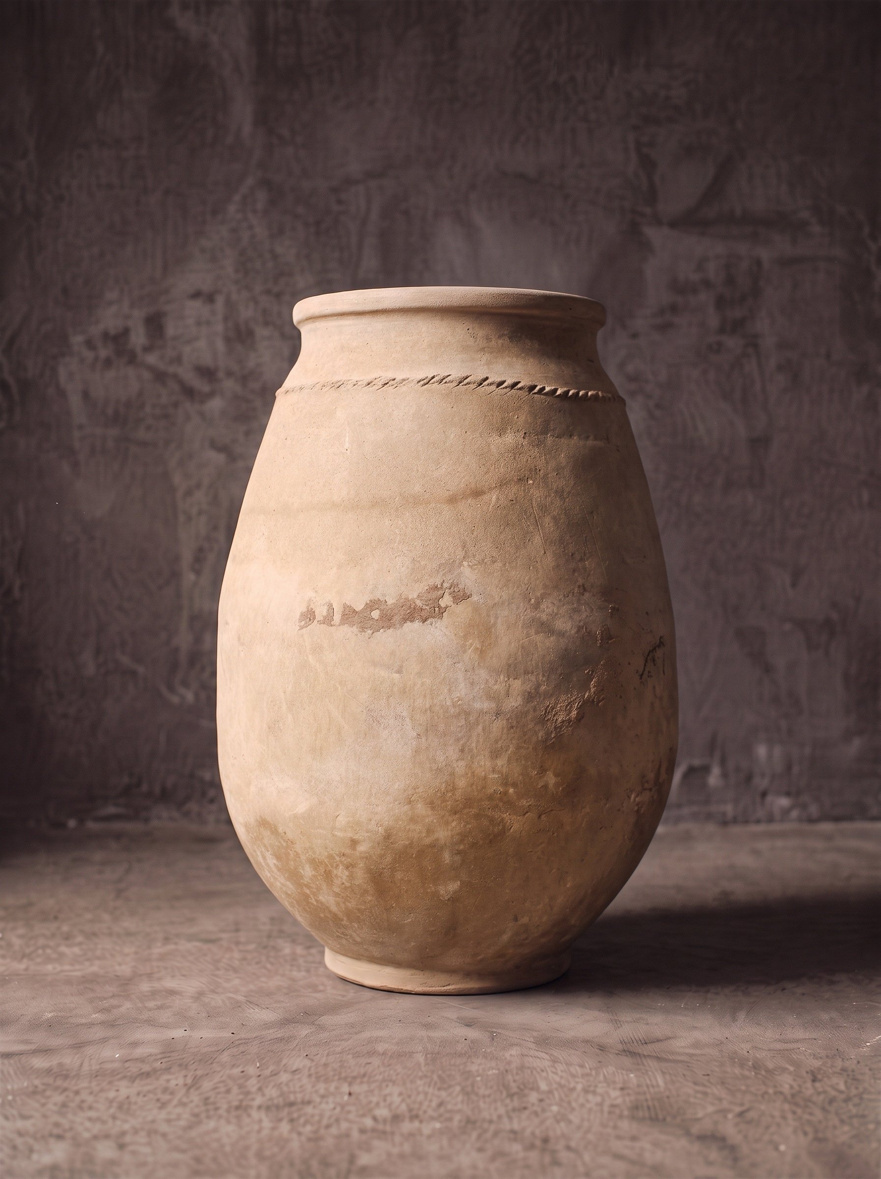 Large unglazed terracotta storage vessel with incised shoulder band