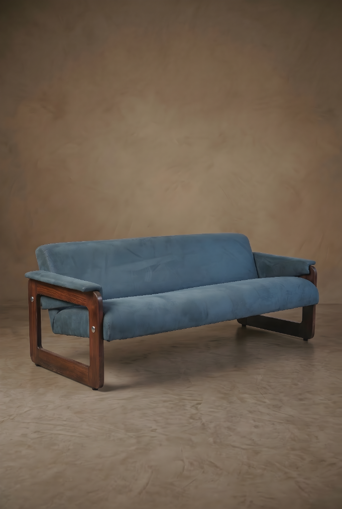Blue Lafer Sofa by Percival Lafer, rosewood frame, blue upholstery