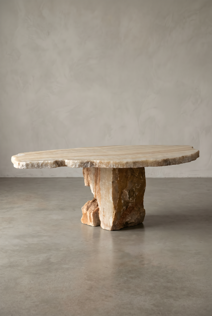 Polished onyx round table top resting on a raw stone foot