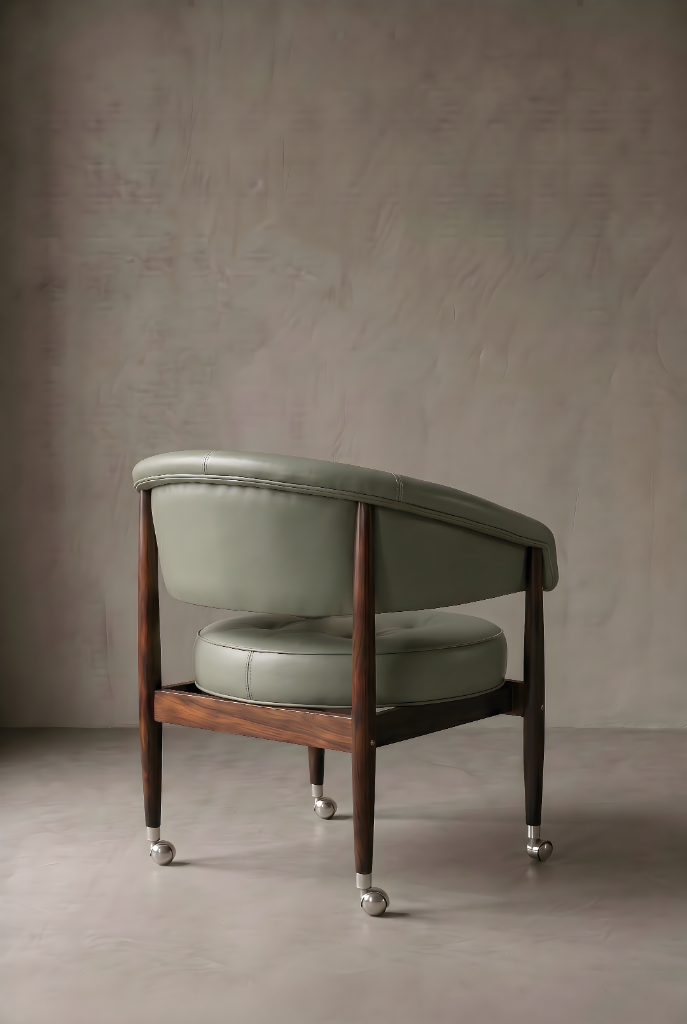 Beg Armchair Sage Green by Sérgio Rodrigues, rosewood frame, sage green leather, casters