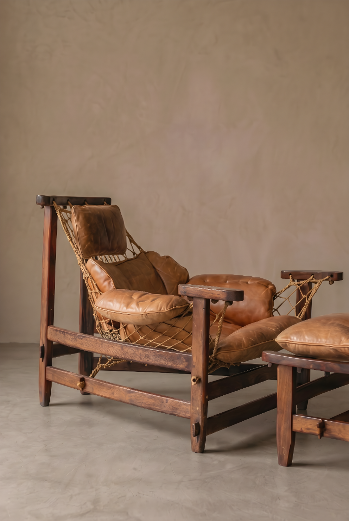 Jangada Armchair and Ottoman by Jean Gillon, wood frame, leather cushions, rope suspension