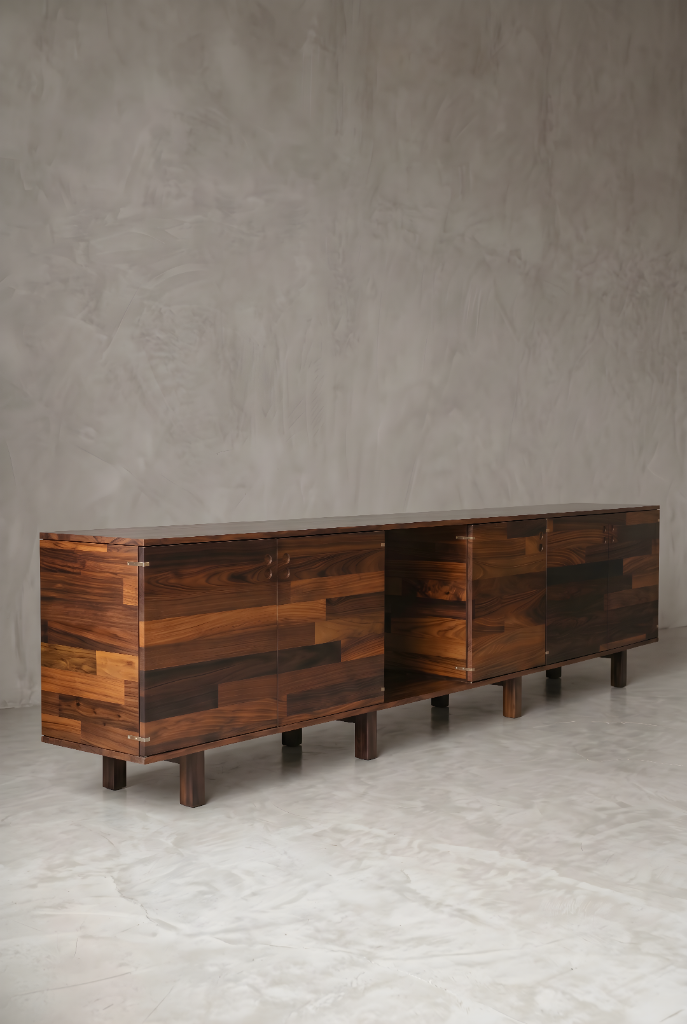 Patchwork Rosewood Buffet by Jorge Zalszupin, patchwork rosewood veneer, round metal handles