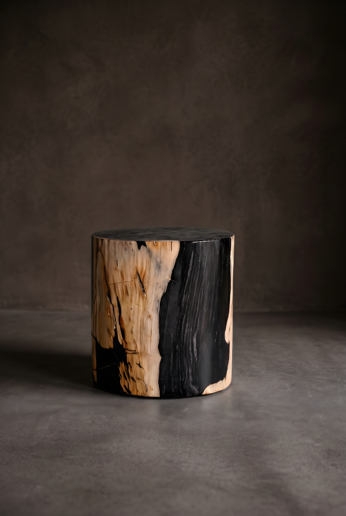 Low cylindrical petrified wood stool with black and pale grain