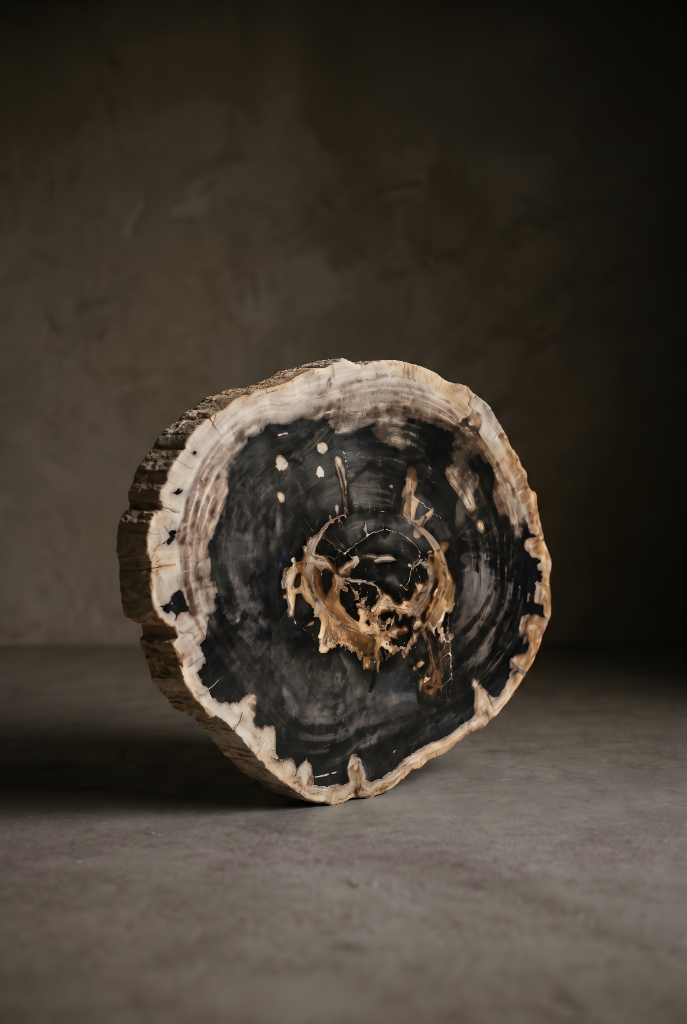 Upright petrified wood disc with an amber crystalline core
