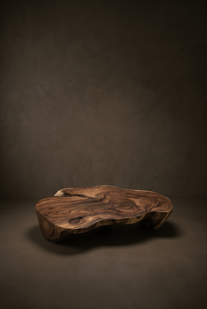 Solid wood monolith coffee table with live edge against a dark plaster wall