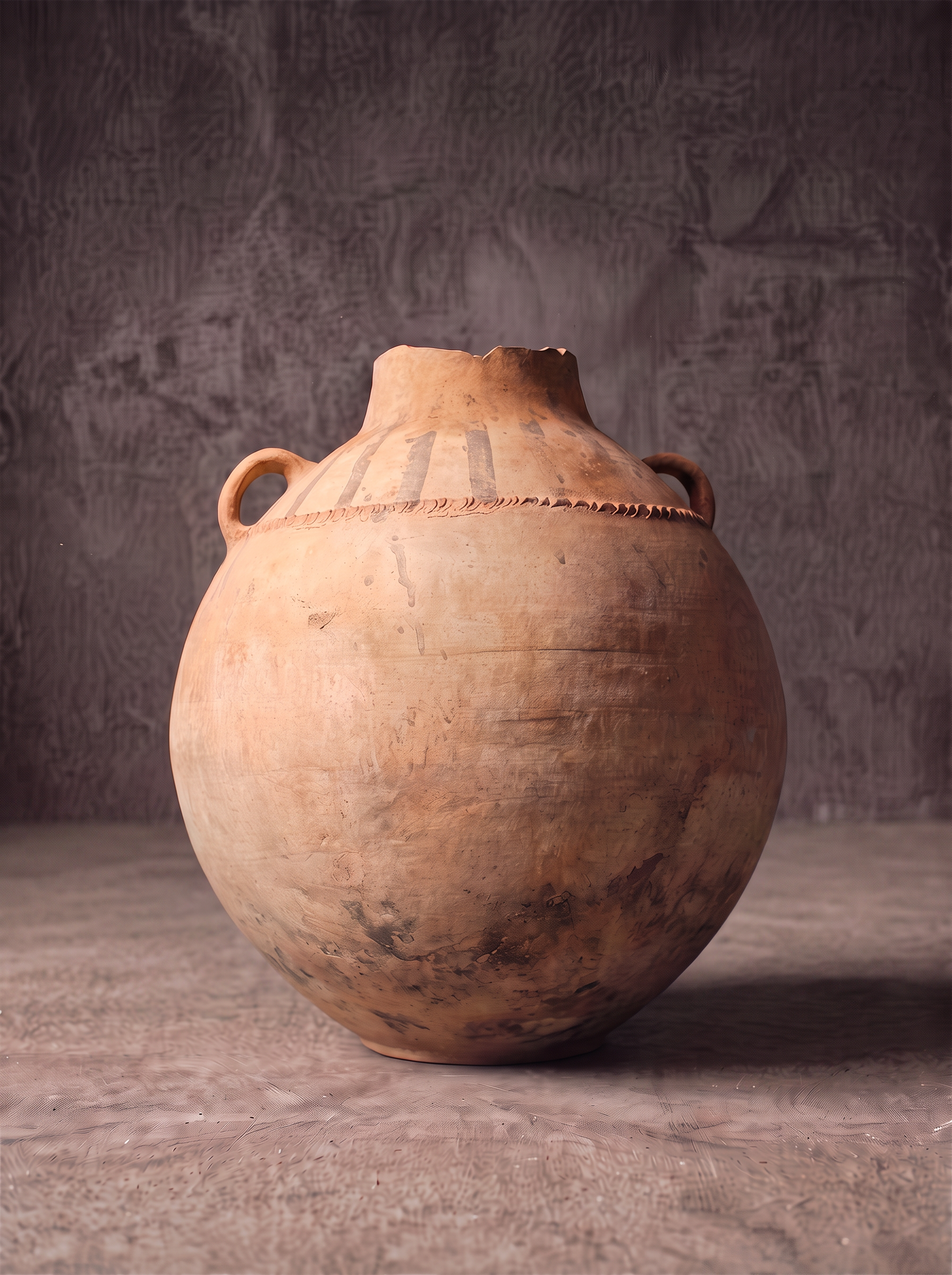Tall terracotta oil jar with single handle and incised shoulder band