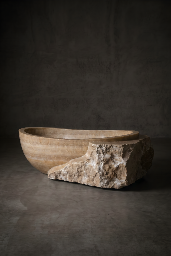 Polished onyx bathtub on a raw quarried stone base