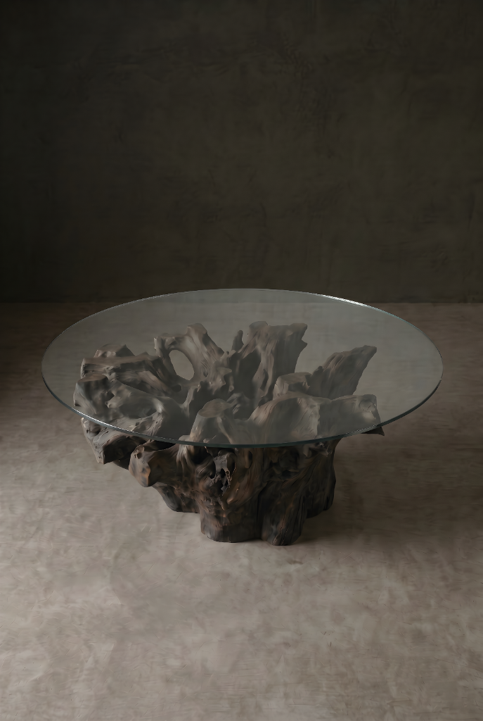 Round glass-topped coffee table with a sculptural natural wood root base